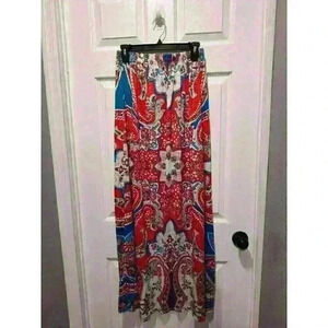 RUIYIGE WOMEN'S LONG SKIRT SIZE LARGE RED GEOMETRIC DESIGN IN BLUE  WHITE ACCENT